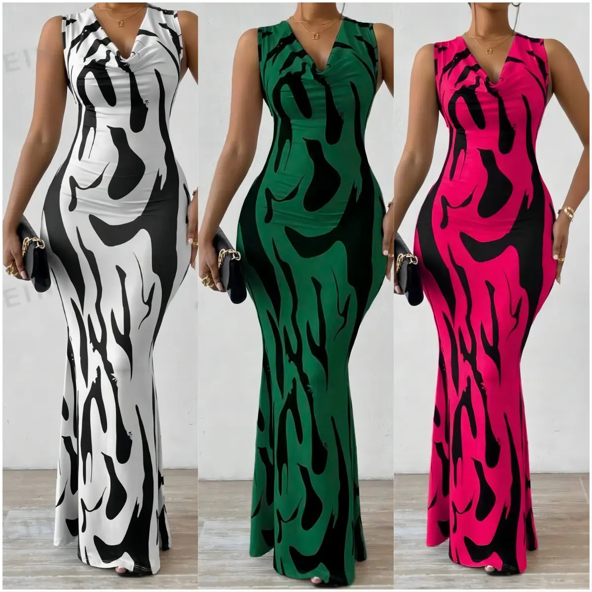 2024 Latest Fashion Womens Striped Slim Maxi Skirt Ladies V-neck Sexy Long Dress Stylish Bodycon Dress