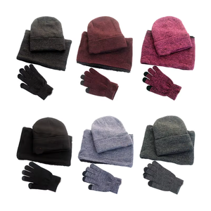 Logo personnalisé Marque privée Vente en gros <span class=keywords><strong>Hiver</strong></span> Chaud Mitaines Chaud Tricoté Bonnet Chapeaux Bonnet Capuchon Tapa Pet Bavoirs Trois Pièces - Product Image 1