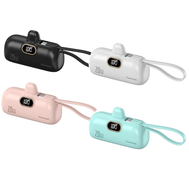 PD 20W Fast Charging Mini Capsule Power Bank 5000mAh Portable Lipstick Charger Built-in Cable LED Display Powerbank