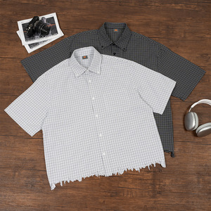 <span class=keywords><strong>Camicia</strong></span> Estiva da Uomo a <span class=keywords><strong>Quadri</strong></span> con Orlo Sfrangiato, <span class=keywords><strong>Maniche</strong></span> <span class=keywords><strong>Corte</strong></span>, Stile Casual e Trendy - Product Image 1