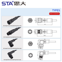 M12 kabel konektor Sensor cetak plastik, kabel konektor Sensor cetak plastik IP67 NEMA2000 tahan air lurus miring kanan 2 3 4 5 8 12 17Pin