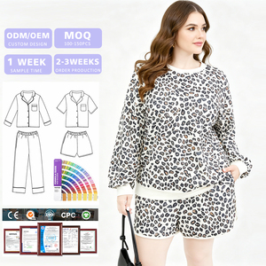 Custom logo Wholesale Women's plus size Casual Retro Crew Neck Leopard Print Sweatshirt Shorts Two Piece Set Pajamas Set - Product Image 1