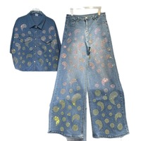 Ensemble 2 pièces en jean irisé avec strass, chemise et jean palazzo à jambes larges, collection boutique femme 2026 (vente en gros)
