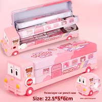 Porte-crayons en forme de bus mignon HUA, bus rose, porte-crayons en métal à trois étages avec taille-crayon intégré pour filles et enfants