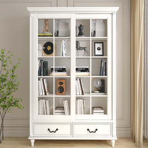 Libreria in legno massello a 2 porte armadietto scorrevole combinazione libreria con porta in vetro bianco armadietto in legno - Product Image 1