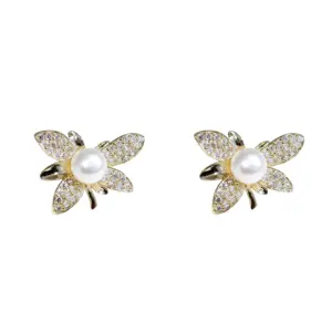 craftsmanship Fashion temperament design flower jewelry pearl leaf 925 silver needle zircon earrings for Women's accessories