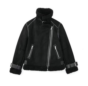 Veste de moto d'hiver pour femmes dames européennes et américaines veste en cuir Melton chaud en noir veste de moto à motif solide - Product Image 3