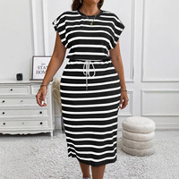 Robe d'été rayée en polyester à manches chauve-souris et cordon de serrage, grande taille, pour femmes européennes et américaines, style transfrontalier