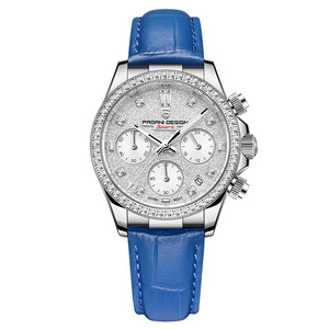 Montre Pagani Design pour femme, cadran diamanté, chronographe, calendrier, acier inoxydable, bracelet en cuir bleu, étanche 100 m - Product Image 5