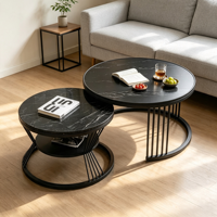 Ensemble de tables basses modernes à effet marbre noir, plateau en métal, table ronde pour le salon