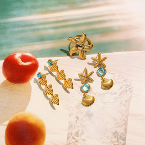 Boucles d'oreilles pendantes étoile de mer plaquées or avec pendentif coquillage et gemme bleue, bijoux de fête, accessoire de mode pour femme - Product Image 4