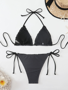 Women's 2026 Polka Dot Lace Trim Triangle <b>Bikini</b> Set Cute Sexy Tie Strap Push-Up 2-Piece Swimsuit Beach Vacation Swimwear - Product Image 3