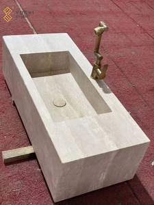 YUSHI Évier en travertin Beige en pierre naturelle Rectangle à montage mural personnalisé pour lavabo de comptoir de salle de bain - Product Image 4