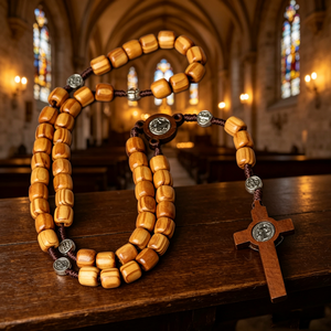 Elegante rosario católico de cuentas de acrílico de colores con San Benito, cruz de Santiago y corazón de Jesús. - Product Image 3