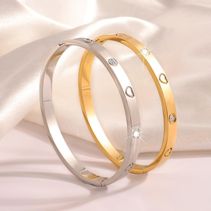 18K Gold Plated Stainless Steel Heart Zircon <b>Bangle</b> Geometric Cuff <b>Bracelet</b> for Women Gift Jewelry - Product Image 4