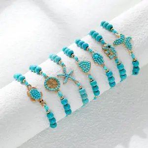 Zooying 2023 Fashion Jewelry Turquoise Beads Beach Butterfly Sealife Turtle Charm Adjustable Woven String Bracelet