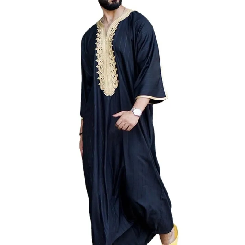 Baju Muslim Pria, Pakaian Lengan Panjang Islami Bordir Leher V Kimono Jubah Abaya Kaftan Dubai Gaun Arab