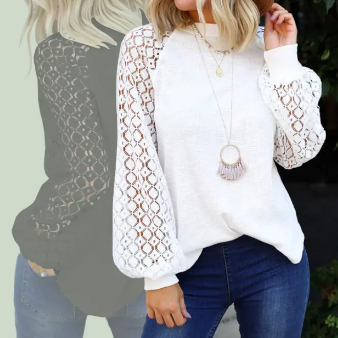 2023 Best Seller Women's Long Sleeve Tops Lace Casual Loose Blouses T Shirts