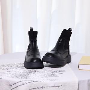 Viral trendy knitted stretch <b>sock</b> boots for women 2026 new style platform British style genuine <b>leather</b> chimney boots - Product Image 2