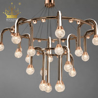 Lustre moderne de luxe en verre, boule de verre, métal rose doré, plusieurs anneaux, luminaire décoratif suspendu pour hôtel, bureau, restaurant, hall
