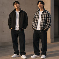 Veste réversible pour homme avec doublure à carreaux, coupe oversize, fermeture éclair, ourlet à cordon de serrage et poignets élastiques