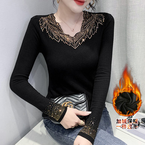 Nuova Maglietta Termica con Scollo a V e Strass, Maniche Lunghe, Top Versatile Aderente da <span class=keywords><strong>Donna</strong></span>, Foderata in Pile - Product Image 1