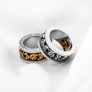 yunnique European American Retro Punk Style <b>Black</b> Gold Wide <b>Titanium</b> Steel Rotating Letter <b>Ring</b> Everyday Wear - Product Image 1