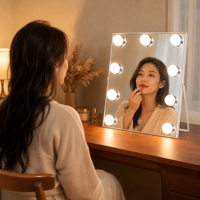 Miroir de maquillage éclairé en bois blanc avec lumières, 27 cm, angle réglable, 3 modes de couleur, variateur d'intensité, capteur tactile