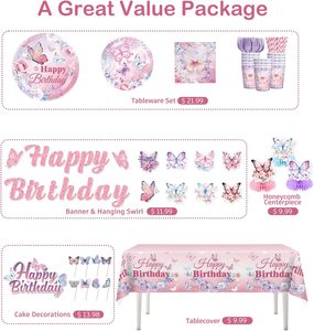 Decoración de <span class=keywords><strong>Cumpleaños</strong></span> con Mariposas, Incluye Platos y Servilletas con Diseño de Mariposas, Pancarta, Mantel Colgante, Decoración para Cupcakes, Globos y Decoración de Mesa - Product Image 3