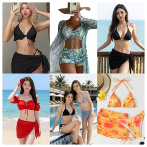 Women Solid Color Deep V Neck Crossed Halter Top <b>Skirt</b> Bottom Stretch Swimwear Spandex Nylon Regular Fit <b>Bikini</b> 3 Piece Set - Product Image 4