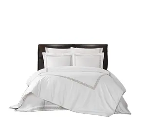 酒店床上用品套装棉羽绒被套双条纹刺绣边框特大床床单套装