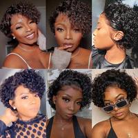 Perruque Courte Bouclée Pixie en Cheveux Humains, Noire Naturelle, Sans Colle, avec Dentelle Frontale Pré-Plumée, Cheveux Vierges Bouclés et Volumineux pour Femmes
