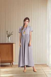 Vestido Maxi Kaftán de Algodón y Lino para Mujer, Corte Regular, Manga Corta, Cuello en V, Línea A, con Cinturón, Estilo Bata Fluida de Lino, Ropa de Verano B2B - Product Image 1