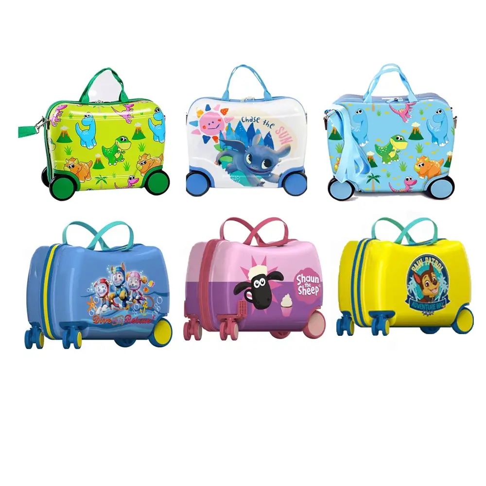 Wholesale OEM ABS PC kids ride on luggage bag for kids customized logo cartoon holiday 4 wheels