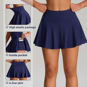 Nouvel ensemble deux pièces de sport respirant et infroissable en Spandex/Nylon, jupe de tennis et haut, avec poches, couleur unie, style européen-américain, pour le <span class=keywords><strong>yoga</strong></span> - Product Image 2