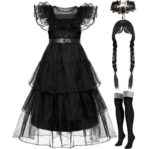 Vestito Gotico Nero in Offerta, Costume da Carnevale per Ragazze con Cintura, Outfit per Feste e Spettacoli per Bambini, Carnevale e Halloween - Product Image 6