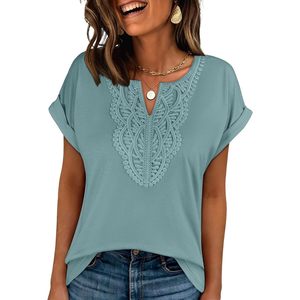 FOXA – haut en dentelle respirante à manches courtes pour femmes, chemisier en mousseline brodé style bohème, col en V, tunique décontractée d'été, élégante - Product Image 1
