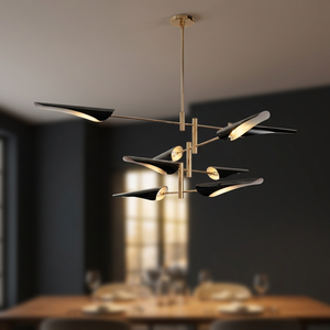 Lámpara de araña moderna dorada con pantallas acrílicas negras, altura ajustable, luz LED regulable para comedor - Product Image 1