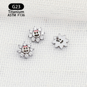 <b>Titanium</b> Smiley Face Sunflower Earrings With Zircon Inlays 6.6mm F136 Body Jewelry Lip <b>Studs</b> - Product Image 4