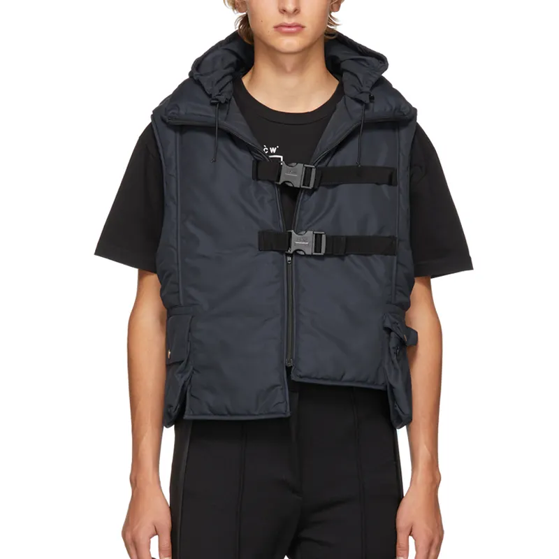 OEM Custom Logo Men Asymmetric Hem Sleeveless Strap Zip Up Buckle Nylon Hooded Men Designer Puff Vest