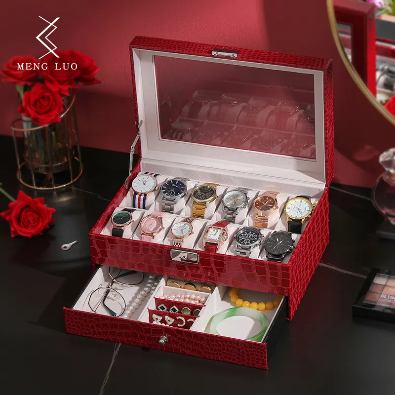 Boîte de montre en cuir haut de gamme toit ouvrant transparent 12 fentes, boîte d'affichage de montre, grande boîte à bijoux, boîte de rangement de montre