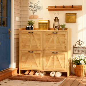 Light Oak Rustic Barn Door Shoe Cabinet 4 Flip Drawers Entryway Organizer Living Room <b>Storage</b> - Product Image 4