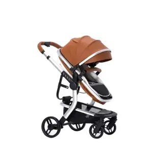 Stroller Bayi 3 Dalam 1 Kulit, Kereta Bayi Mewah Ramah Lingkungan, Aluminium Fram, untuk 0-3 Tahun