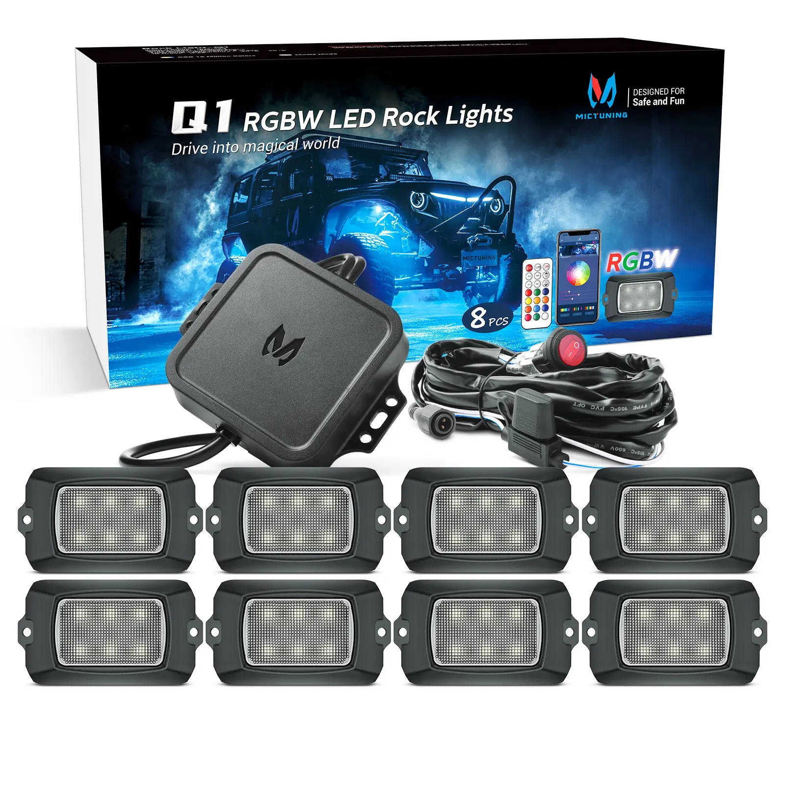 Xe Sửa Đổi Xe Dẫn Offroad Đèn Q1 Rgbw 8 Vỏ Nhiều Màu Off Road RGB Lái Xe Ánh Sáng LED Rock Đèn