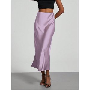 Falda Midi de Satén Personalizada para Mujer, Cintura Alta, Asimétrica, con Abertura, Elegante, para Oficina - Product Image 3