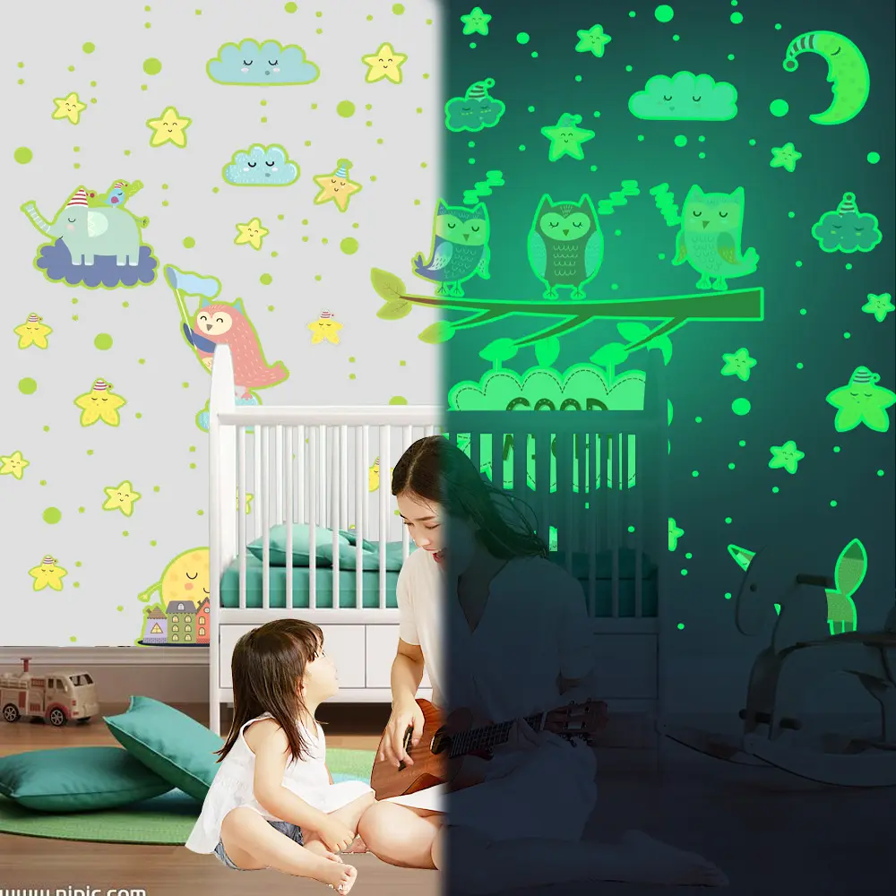 Lvfan YGP015 Branches d'arbre de hibou phosphorescentes étoiles à pois sur la chambre des enfants sticke mural fluorescent auto-adhésif de dessin animé