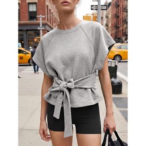 Womens Short Sleeve Crop Top <b>Tie</b> Front Wrap Crew Neck Casual Sweatshirt Solid Color Regular Fit Lightweight Comfortable - Product Image 2