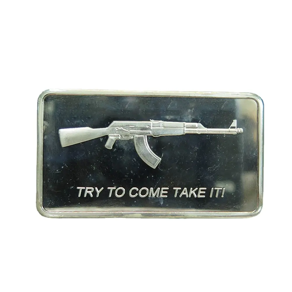 personalized custom design Silver Plated Metal Crafts 100 Mills Silver Plated Try To Come Take It Ak47 Bar