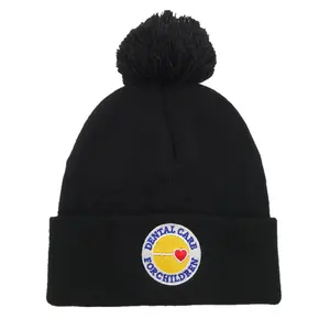 Kustom Logo bordir anak rajutan Beanie manset Pom topi musim dingin untuk anak-anak