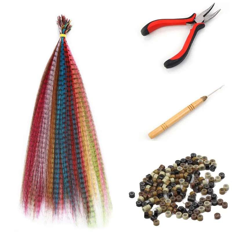 SARLA Kit d'extensions de cheveux synthétiques 16 pouces 100 pièces plumes de cheveux I-tip 10 couleurs mélangées avec pince crochet perles fibre respectueuse de la chaleur